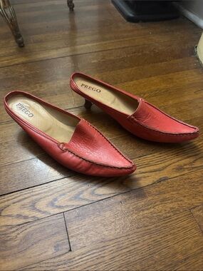PREGO Red Leather Slip-On Kitten Heel Mules